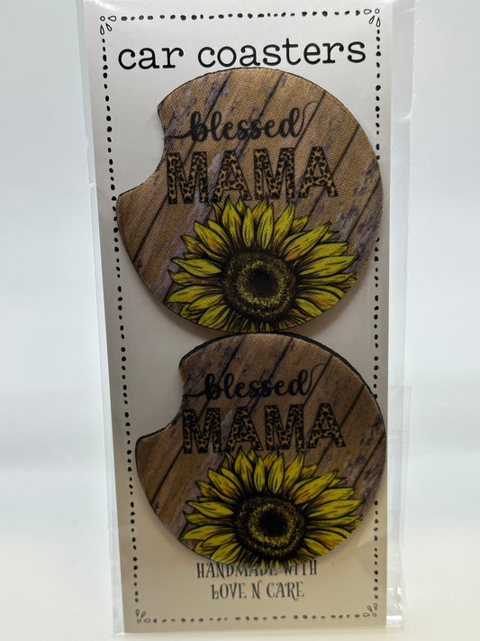Blessed mama sunflower car coaster