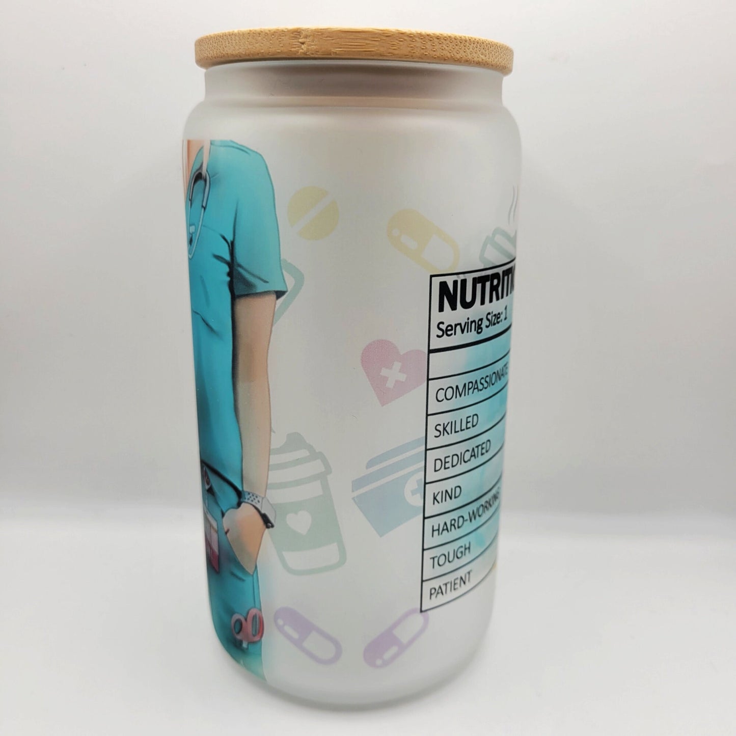 Blonde Hair Blue Scrub Nurse Glass Can Cup