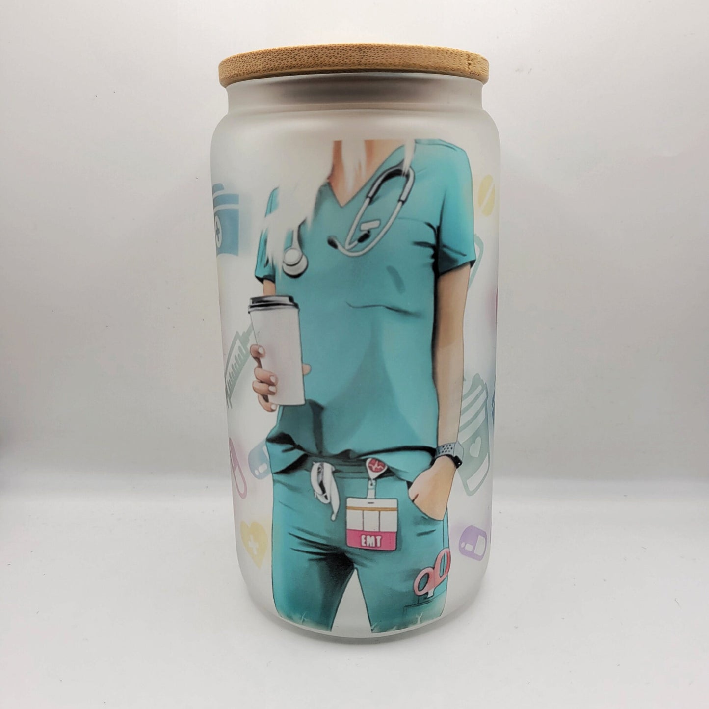Blonde Hair Blue Scrub Nurse Glass Can Cup