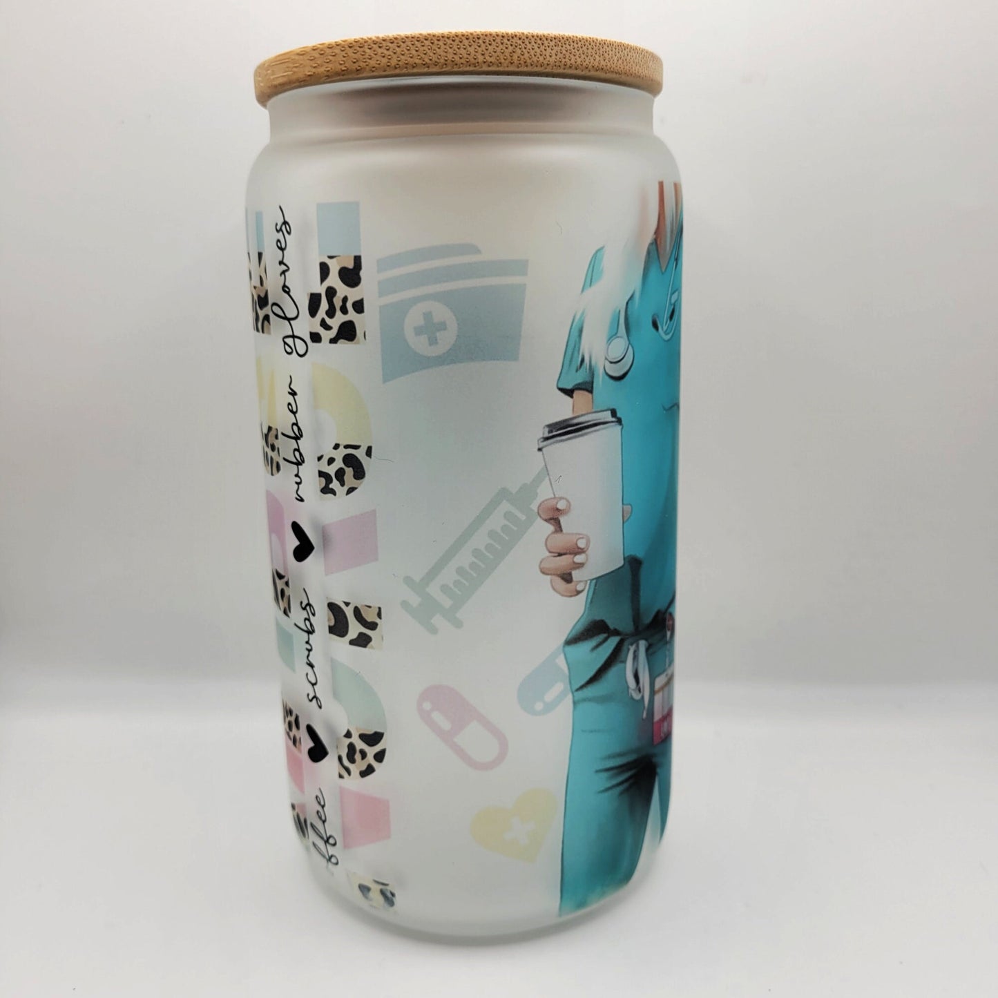 Blonde Hair Blue Scrub Nurse Glass Can Cup